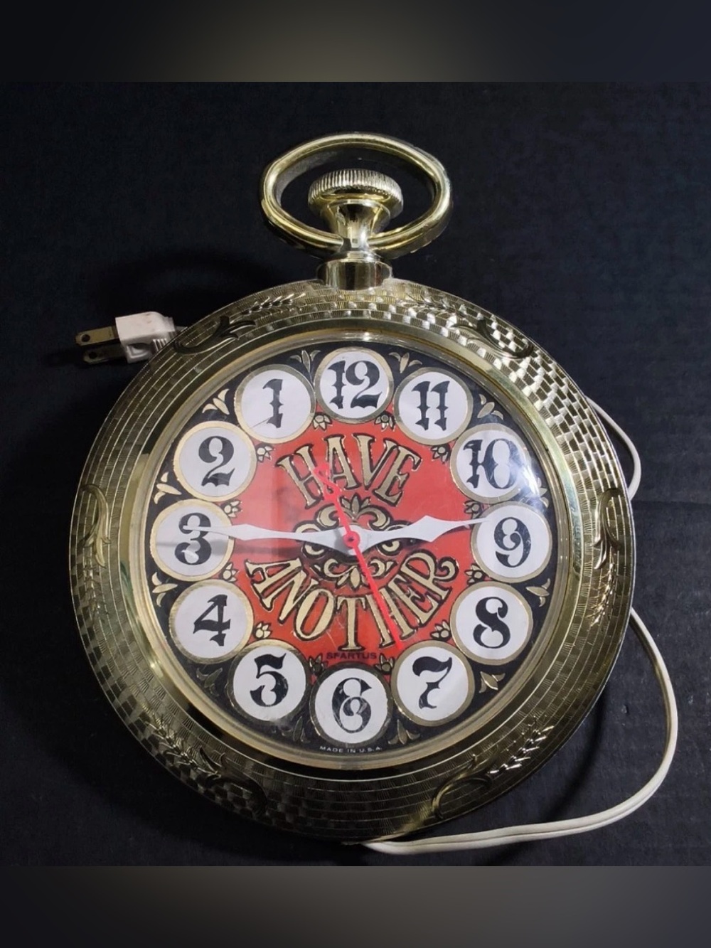 Vintage Spartus Have Another Backwards Wall Clock MCM Gold Pocket Watch Bar Deco